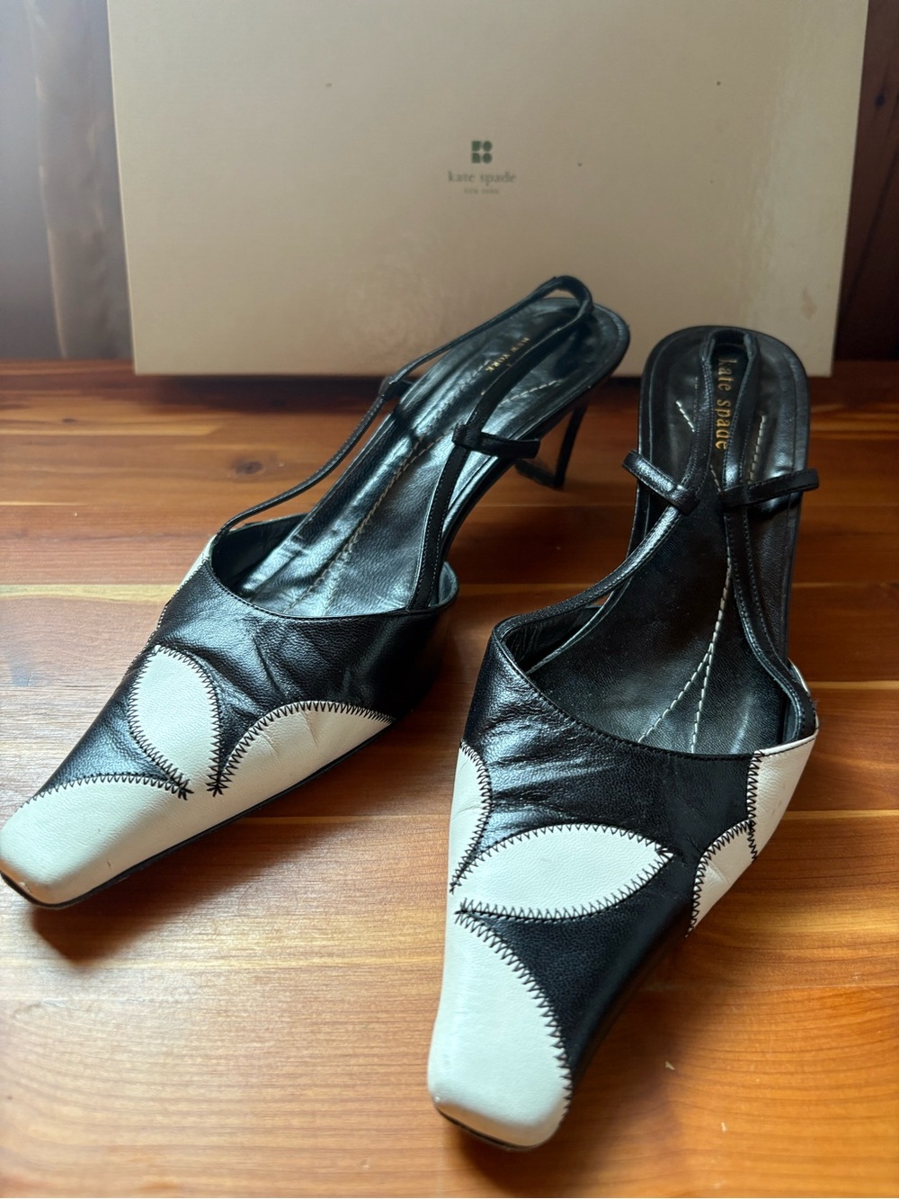 kate spade Black and White Leather Pointed Slingback Heels